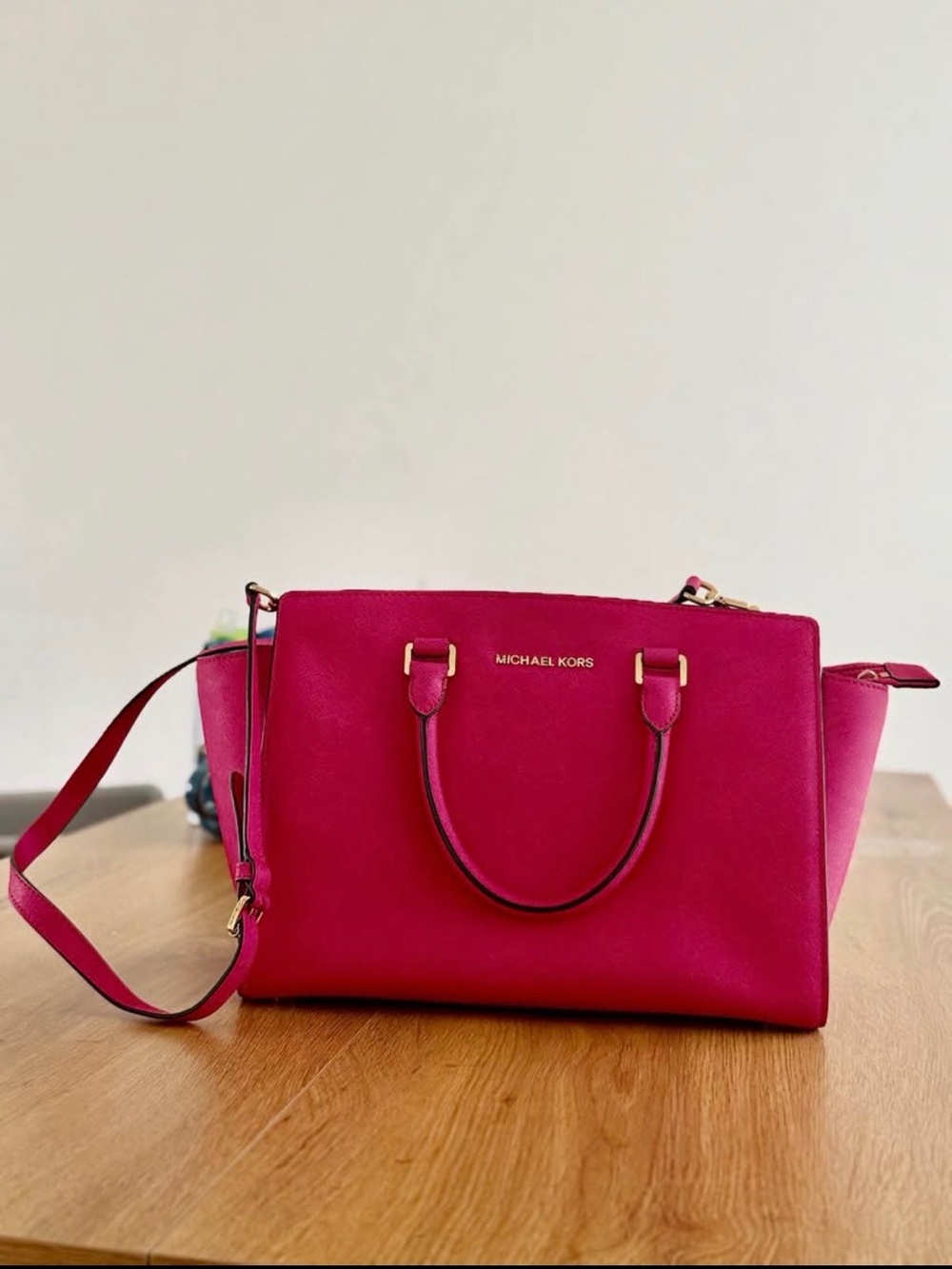 Michael Kors Hot Pink Saffiano Satchel with Gold Hardware
